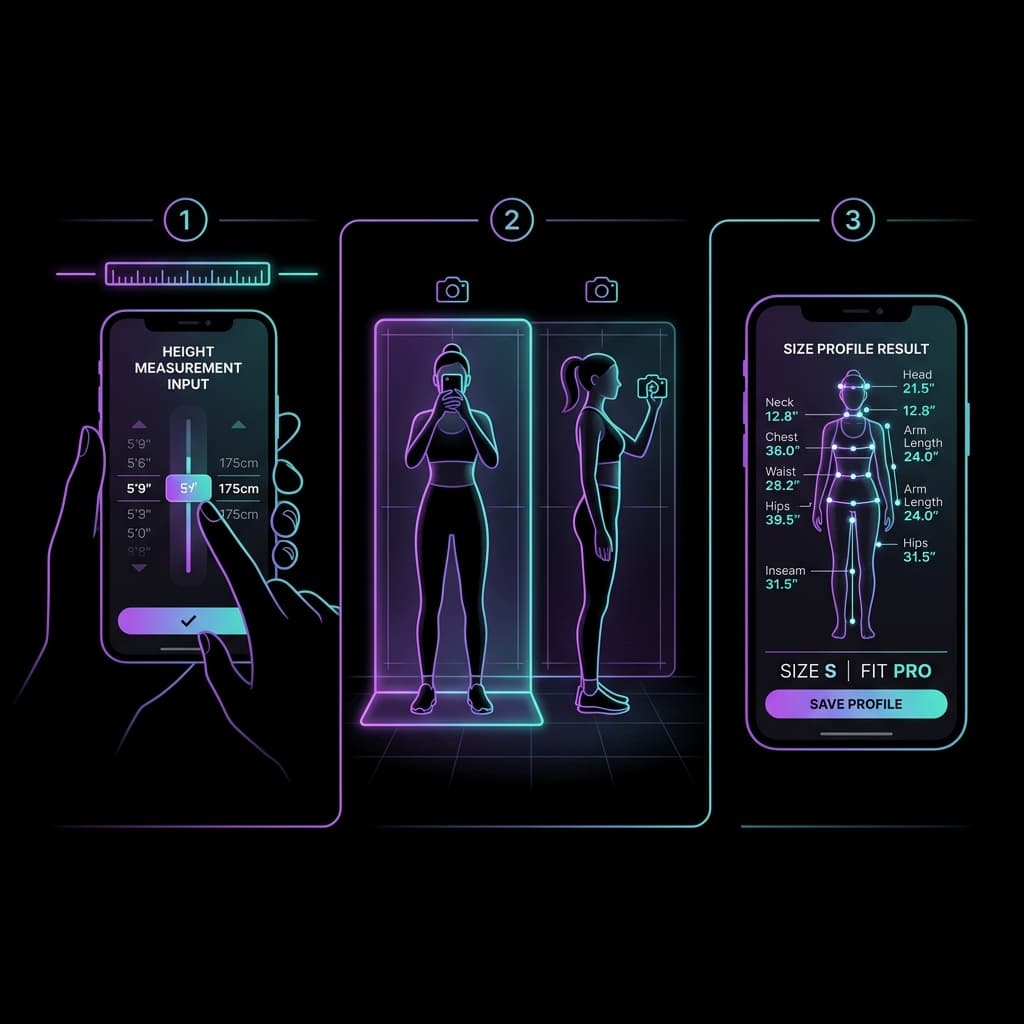 Three steps — Height input, full-body scan, size profile result